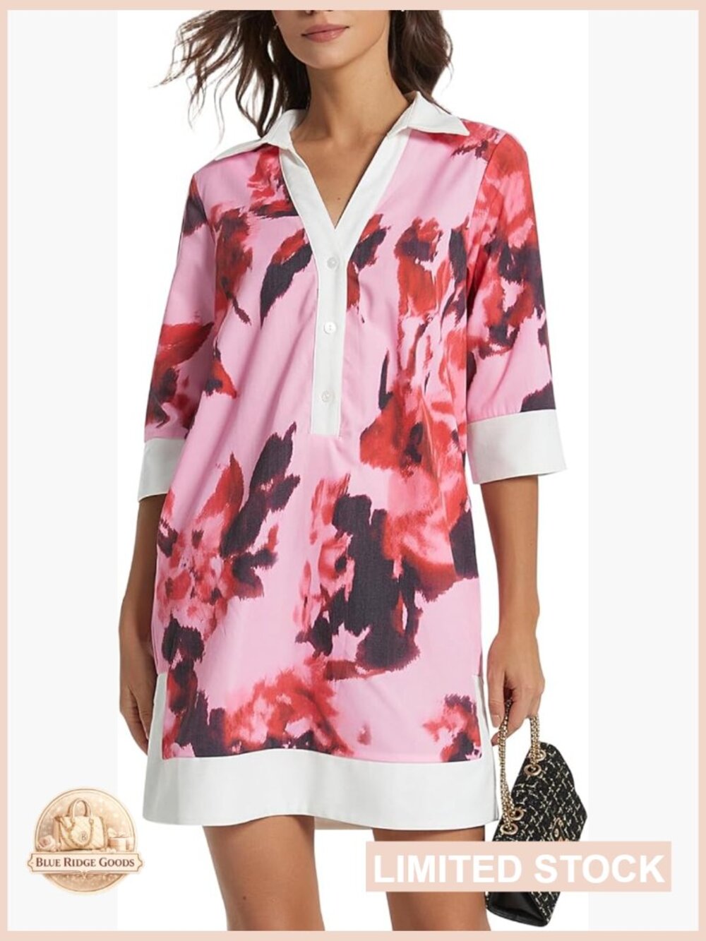 Button Shift Dress V-Neck Short Sleeve Flowy Casual Summer Work Dress Pockets